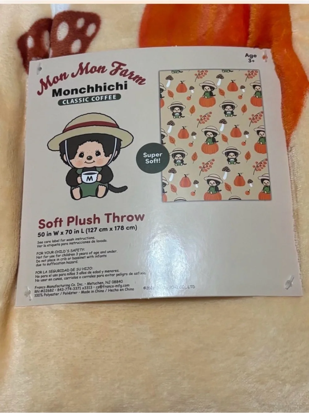 2 Monchhichi Mon Mon Farm Classic Coffee Fall Plush Throw Blanket 50